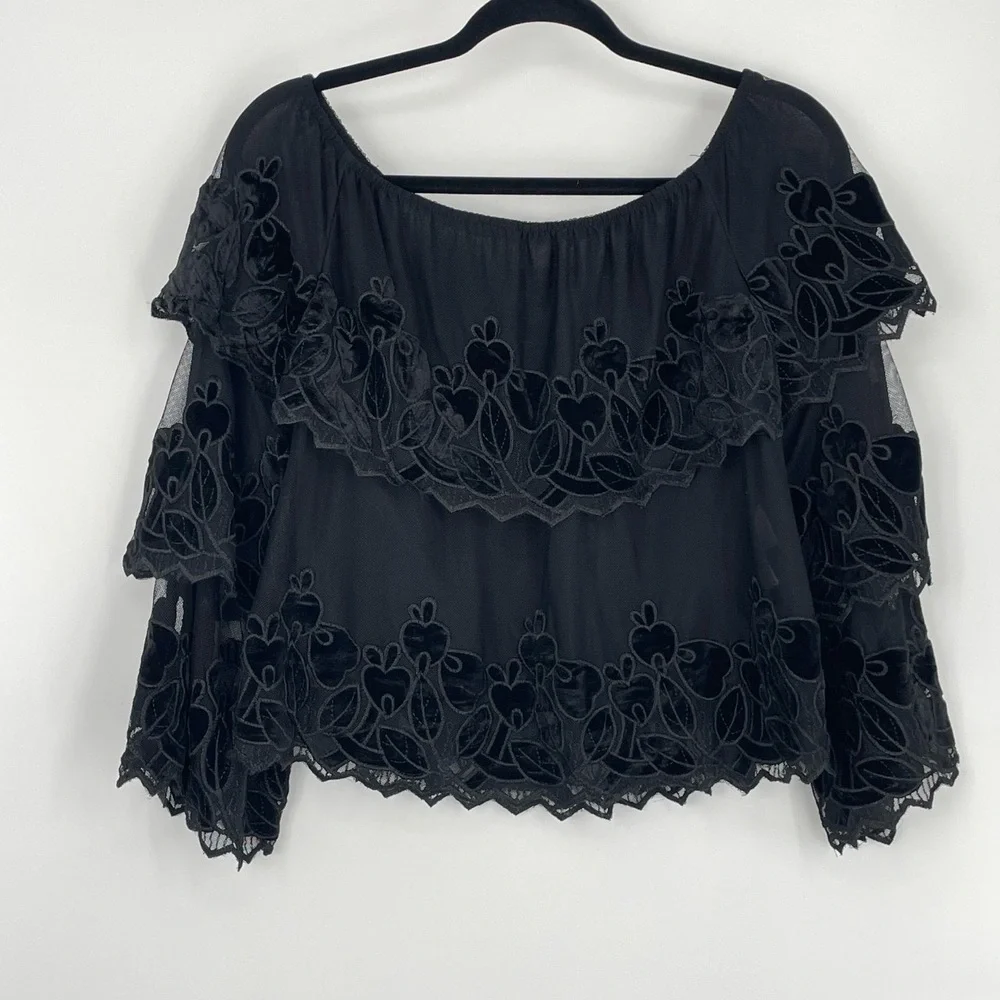 Endless Rose Women's Black Velvet Embroidery Ruffle Off-Shoulder Blouse Size S - Picture 2 of 9